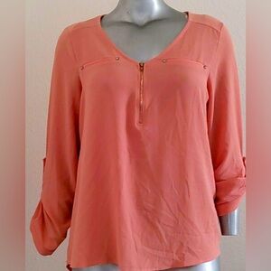 WOMEN'S SIMPLY EMMA TOP BLOUSE TUNIC Size 1X Roll Tab Sleeve Hi- Low Hem 1/4 Zip